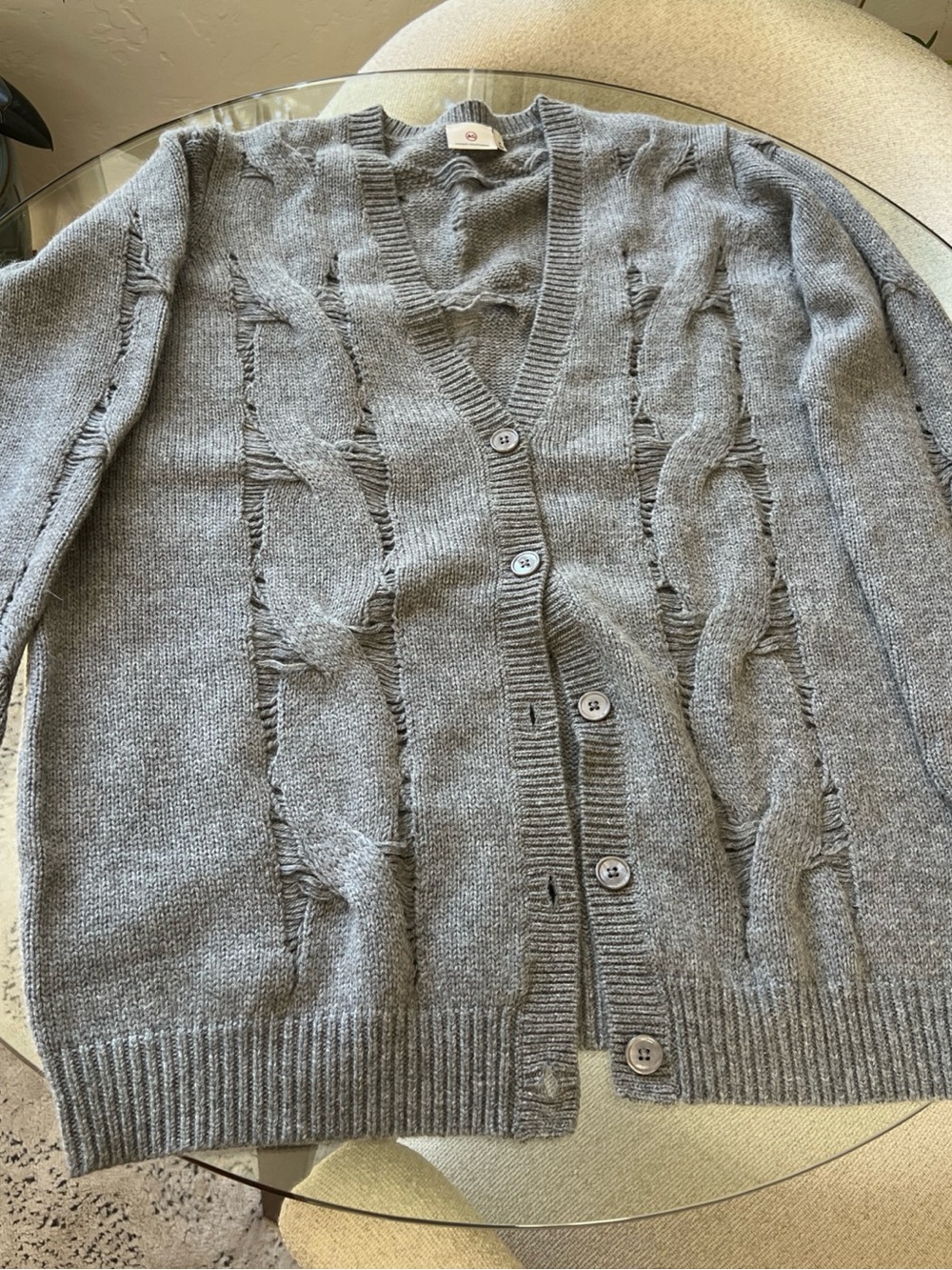 AG Gray Distressed Cable Knit Button-Up Cardigan Sweater - Women